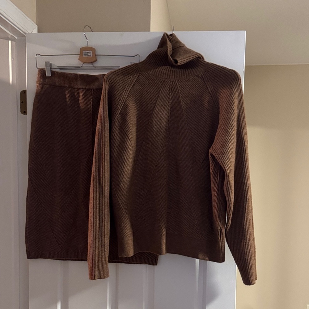 Elegant Brown Turtleneck Sweater and Skirt Set